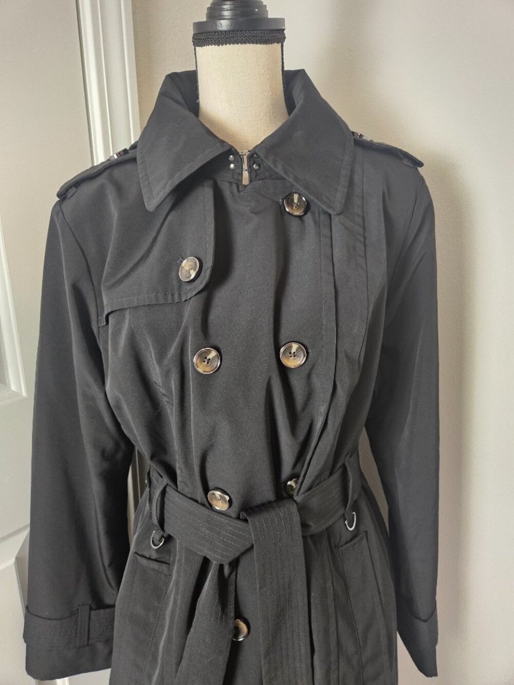 LONDON FOG DOUBLE BREASTED HOODED TRENCH COAT BLACK WOMEN'S SIZE XL - Picture 2 of 13